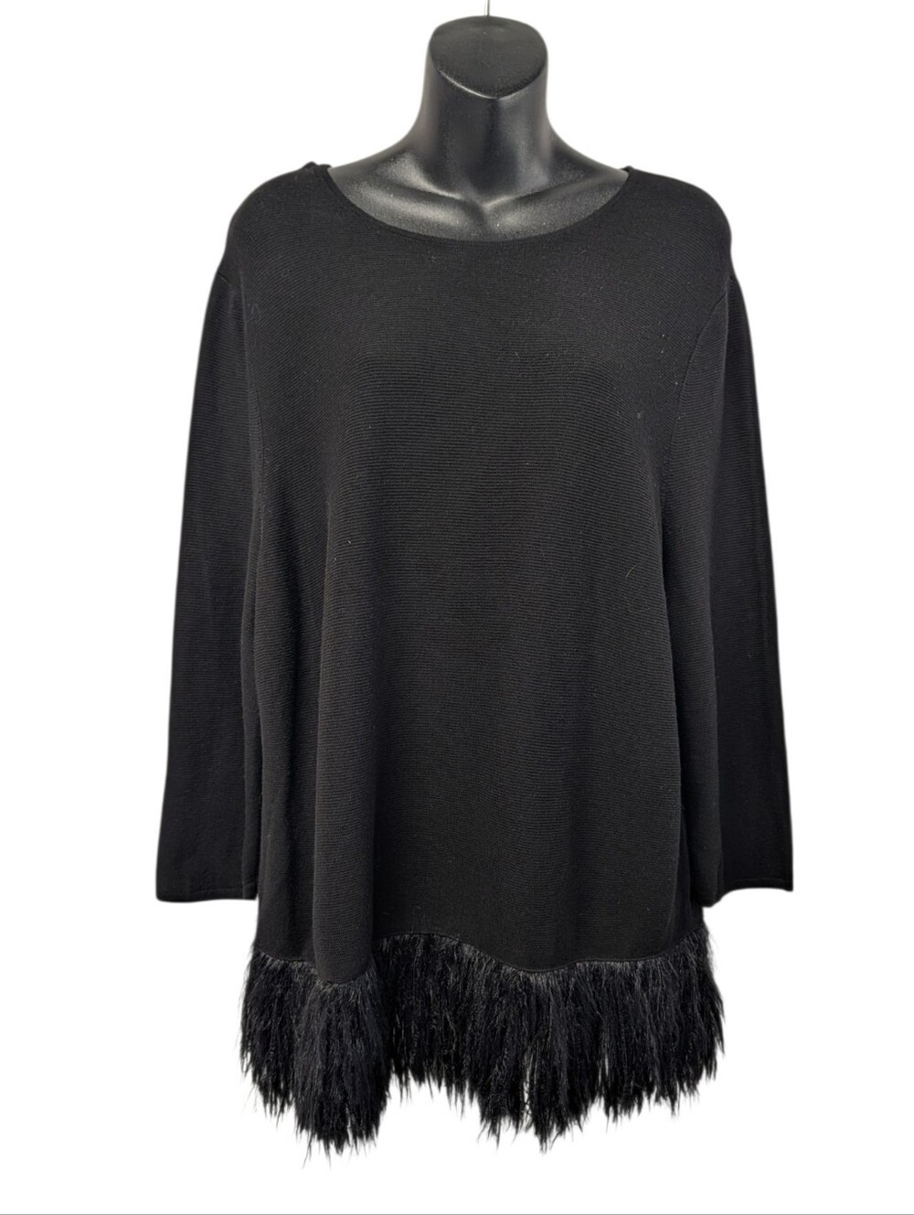 NIC+ZOE Women's Black Solid Knit Round Neck 3/4 Sleeve Fur Fringe Pullover XL
